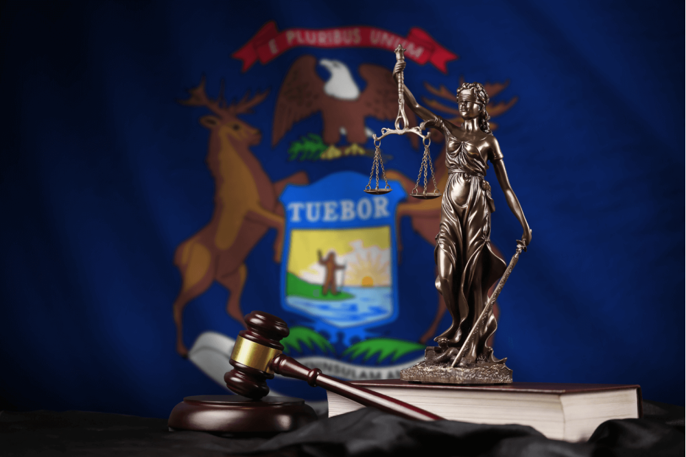 various law-related items including a lady justice statue and a gavel
